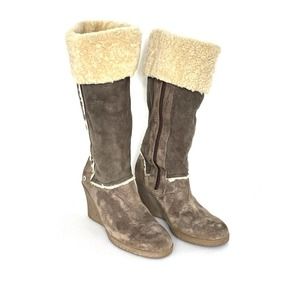UGG Sandra Leather Brown Suede Sheepskin Shearling Wedge Boots Size 6 Side Zip